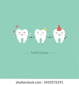 Cute tooth fairies wearing crown and holding star magic wand. Children tooth fairy. Baby girl first lost tooth concept. Concept of medical cabinet, children dentistry.