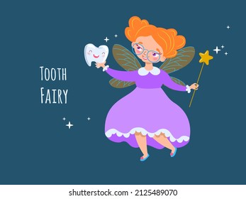 Cute tooth fairy with baby tooth and magic wand, fairy in glasses with orange hair, purple dress cartoon character with wings vector illustration