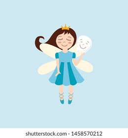 Cute tooth fairy beautiful magic fantasy creator the flat cartoon illustration isolated on blue background. Fairytale character for projects on children's themes.