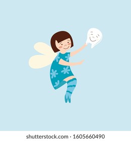 Cute tooth fairy beautiful magic creator with tooth icon the flat cartoon illustration isolated on blue background. Fairytale character for projects on children's themes.