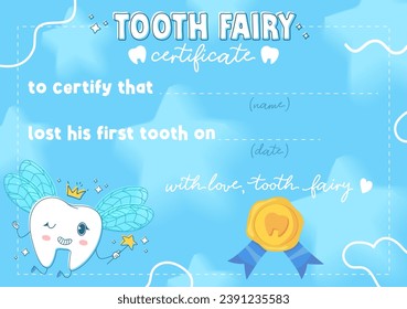 Cute Tooth fairy certificate. Sparkling tooth with wings, crown and magic wand on blue background with stars, and wax stamp.