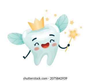 Cute tooth fairy character with magic wand. Oral care, mouth hygiene, teeth restoration concept cartoon vector illustration