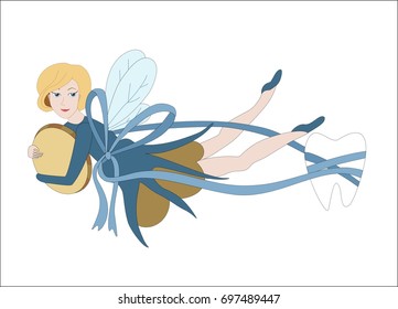 A cute tooth fairy flies with a coin in his hands and a milk tooth in a ribbon. conepia of the first lost teeth in children