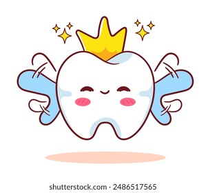 Hada de dientes lindos volando personaje de Vector de dibujos animados. Educación Órgano Humano Cuidado Dental Concepto Diseño. Ilustración de objetos Kawaii. Fondo blanco aislado