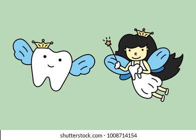 cute tooth fairy flying with healthy teeth - dental cartoon vector flat style cute character for design