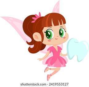 Cute Tooth Fairy Girl Cartoon Character Flying With Tooth. Vector Illustration Flat Design Isolated On Transparent Background