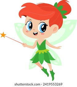 Cute Tooth Fairy Girl Cartoon Character Flying With Magic Wand. Vector Illustration Flat Design Isolated On Transparent Background