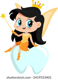 Cute Tooth Fairy Girl Cartoon Character Sitting On Tooth With Magic Wand. Vector Illustration Flat Design Isolated On Transparent Background