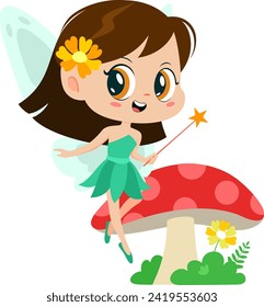 Cute Tooth Fairy Girl Cartoon Character Flying With Magic Wand. Vector Illustration Flat Design Isolated On Transparent Background