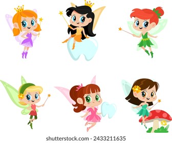 Cute Tooth Fairy Girl Cartoon Characters. Vector Flat Design Collection Set Isolated On Transparent Background