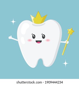 Cute tooth, tooth fairy with gold crown, and magic wand isolated on blue background. Vector illustration for Tooth Fairy Day on February 28th