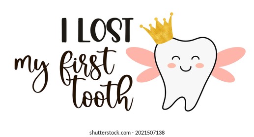 Cute Tooth Fairy greeting card as funny smiling cartoon character of tooth fairy with crown and hand written text