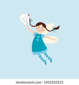 Cute tooth fairy happy about getting a tooth. Fantasy cartoon character with wings and blue dress smiling and flying in air, hand drawn girl with braids - flat vector illustration