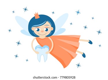 A cute tooth fairy holding a milk tooth