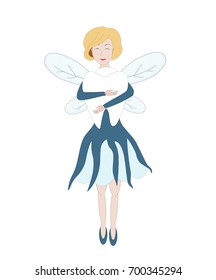 A cute tooth fairy holds a milk tooth in her hands and smiles happily. Isolated image on a white background.