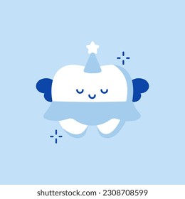 Cute tooth fairy. Kawaii character for child stomatology. Vector illustration. Tooth fairy wearing wings and holding a star magic wand