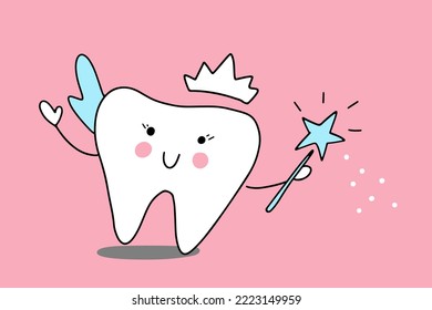 Cute tooth fairy with magic wand. Concept of children dentistry, first lost tooth. Girly style. Element for greeting card to child, parents. Character for poster, banner, social media, blog, print.