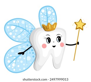 Cute tooth fairy with magic wand on white background