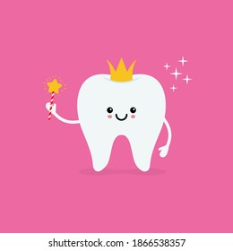 Cute tooth fairy wearing crown and holding a star magic wand. Vector illustration isolated on pink background.