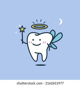 Cute tooth fairy wearing crown and holding a star magic wand vector illustration