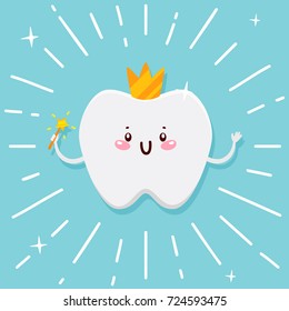 Cute tooth, flying fairy with shining effect stars, cartoon character, oral dental hygiene, vector.