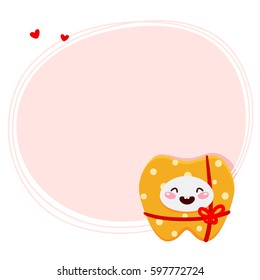 Cute tooth gift, cartoon character, background for Valentine’s day, vector.
