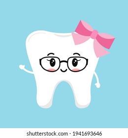 Cute tooth girl in glasses with pink bow and hands. Vector illustration happy healthy kawaii character. Flat design cartoon style stylish tooth concept of children dentistry school education.