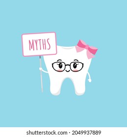 Cute tooth girl with myth plate. Dental fiction education concept, dentistry character girl in glasses. Flat cartoon design vector illustration happy kawaii teeth character.