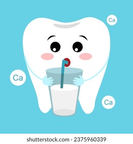 Cute tooth with a glass of milk. Calcium of teeth.