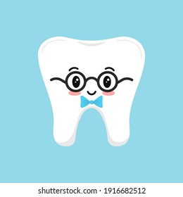 Cute tooth in glasses with blue bow tie. Vector illustration happy healthy kawaii boy character. Flat design cartoon style stylish tooth concept of children's dentistry. 