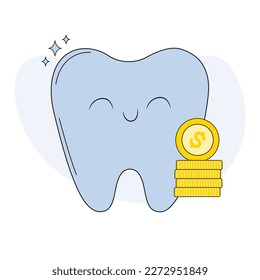 Diente lindo con moneda de oro. Feliz diente y dinero aislados en el fondo. Icono de precio y concepto de pago de servicios dentales. Ilustración vectorial de dibujos animados planos