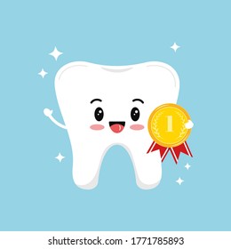 Cute tooth with golden medal with laurel branches and red ribbon isolated on blue background. White healthy tooth with first place or first time visit dentist emblem. Vector flat design illustration.