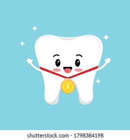 Diente lindo con medalla de oro en cinta roja aislado en fondo azul. Diente blanco saludable con emblema del dentista en primer lugar o en primera visita. Ilustración de dibujos animados de diseño plano vectorial.