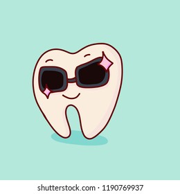 Cute tooth. Happy white tooth laughing. Tooth in sunglasses. Super sparkle. Brilliant whitening. Vector illustration.