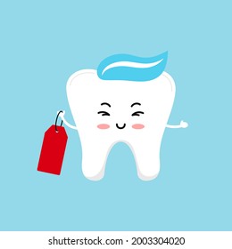 Cute tooth holding label isolated on background. Teeth with red tag for sale discount and dental offer. Flat design cartoon dentistry character vector advertising and marketing illustration. 