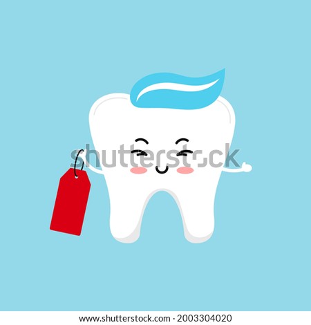 Cute tooth holding label isolated on background. Teeth with red tag for sale discount and dental offer. Flat design cartoon dentistry character vector advertising and marketing illustration. 