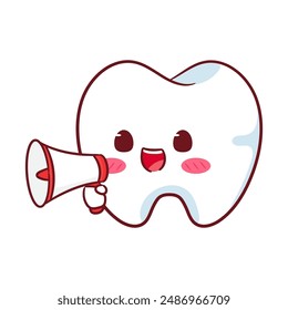 Carácter lindo del Vector de la historieta del megáfono de la sujeción del diente. Educación Órgano Humano Cuidado Dental Concepto Diseño. Ilustración de objetos Kawaii. Fondo blanco aislado