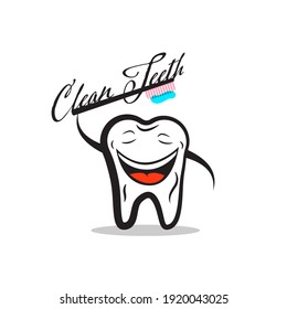 Cute Tooth holding toothbrush with Clean teeth text isolated on white background - vector
