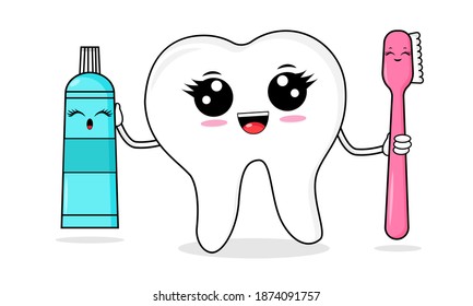 Cute tooth holds toothbrush and toothpaste. Smiling, happy characters. Illustration for children dentistry. Oral hygiene, teeth cleaning. Dental health concept. 