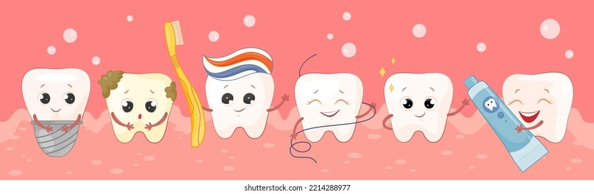 Afiche de higiene dental. Dientes divertidos con pasta dental, cepillo de dientes y hilo dental. Atención oral y prevención de caries. rutina dental diaria. Limpieza y extracción de microbios. Dibujo vectorial plano de dibujos animados