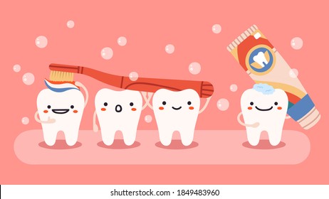 Higiene dental suave. Mascotas dentarias sonrientes y felices con cepillo de dientes y pasta dentífrica, cuidado dental oral aislado ilustración vectorial. Odontología, dientes de limpieza, caracteres saludables alegres