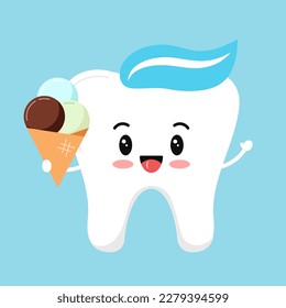 Cute tooth with ice cream balls in a waffle cone. Baby dental character with chocolate mint ice isolated on white background. Flat design vector strong tooth with dessert illustration. 