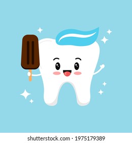 Cute tooth with ice cream clip art. Baby dental character with chocolate ice lolly isolated on white background. Flat design vector strong tooth with dessert and sparkles illustration. 