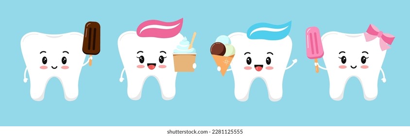 Cute tooth with ice cream clip art set. Baby smile dental character with chocolate ice lolly isolated on white background. Flat design vector strong kawaii tooth with dessert illustration.  - Shutterstock ID 2281125555