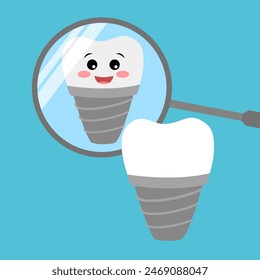 Cute tooth implant cartoon in front of dental mirror.