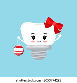 Cute tooth implant with in red christmas ball isolated on white background. Xmas white tooth character. Flat design cartoon kawaii style vector illustration.