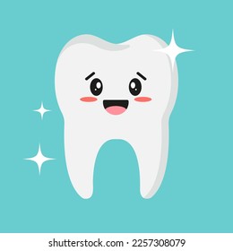 Cute Tooth with Kawaii face. Healthy Tooth concept vector illustration. Isolated on blue background.