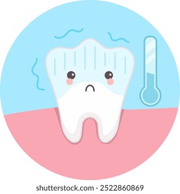 Dente bonito com cara de kawaii com sensibilidade ao frio. Ilustração vetorial do conceito de dente não saudável.