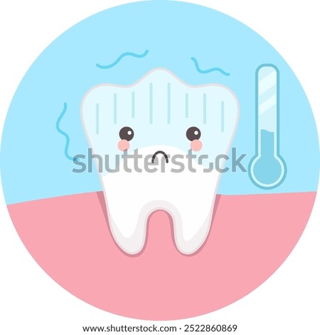 Cute tooth with kawaii face with sensitivity to cold. Vector illustration of unhealthy tooth concept.