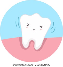 Dente bonito com cara de kawaii é vacilante. Ilustração vetorial do conceito de dentes não saudáveis.